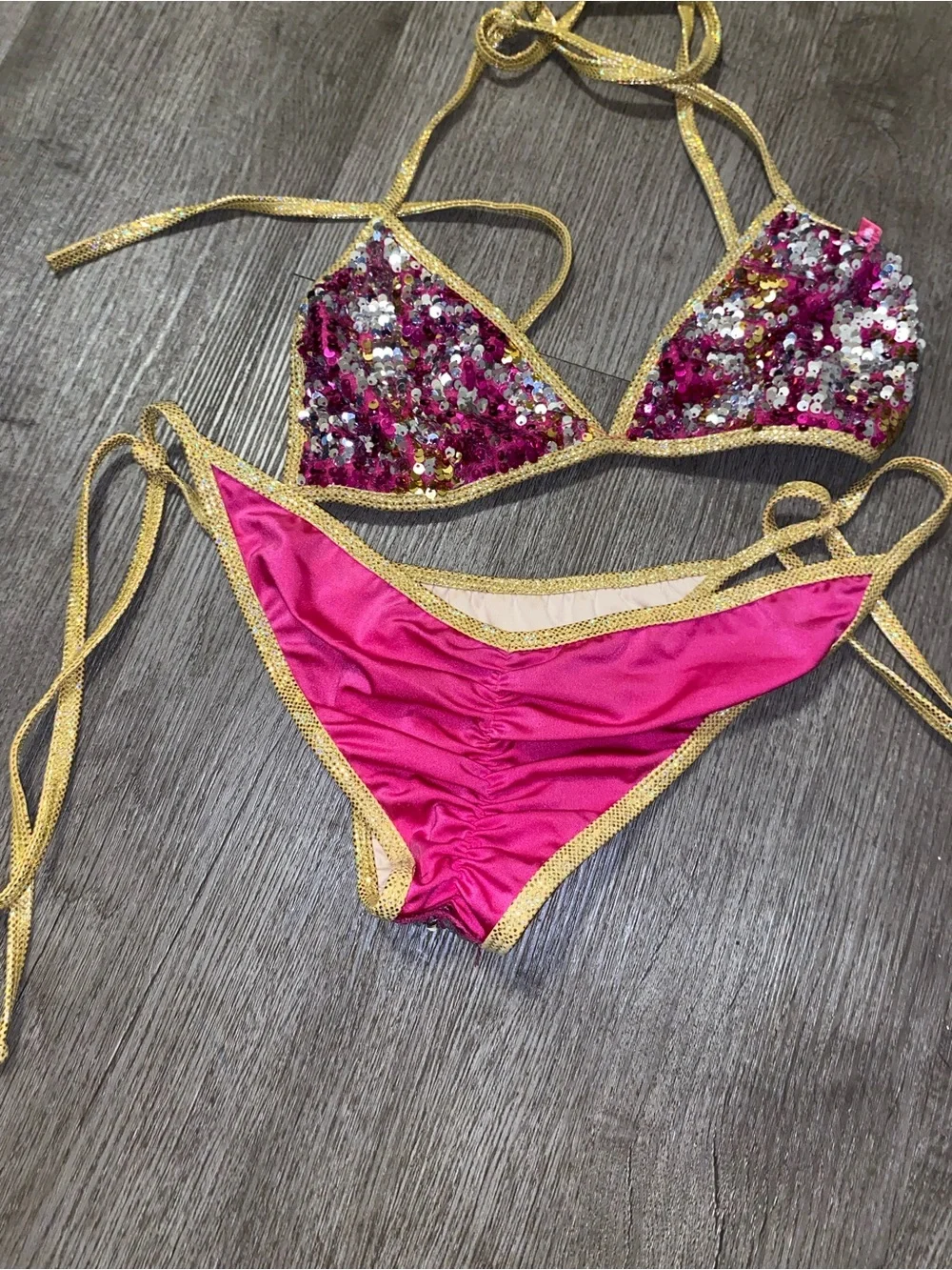 Dollcake Hot Pink Sequin Bikini with Gold Trim